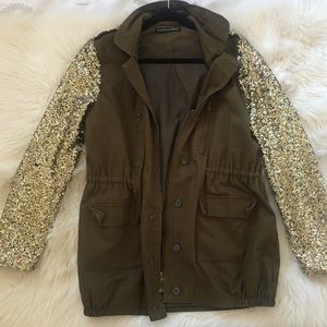 Military utility jacket with sequin sleeves L